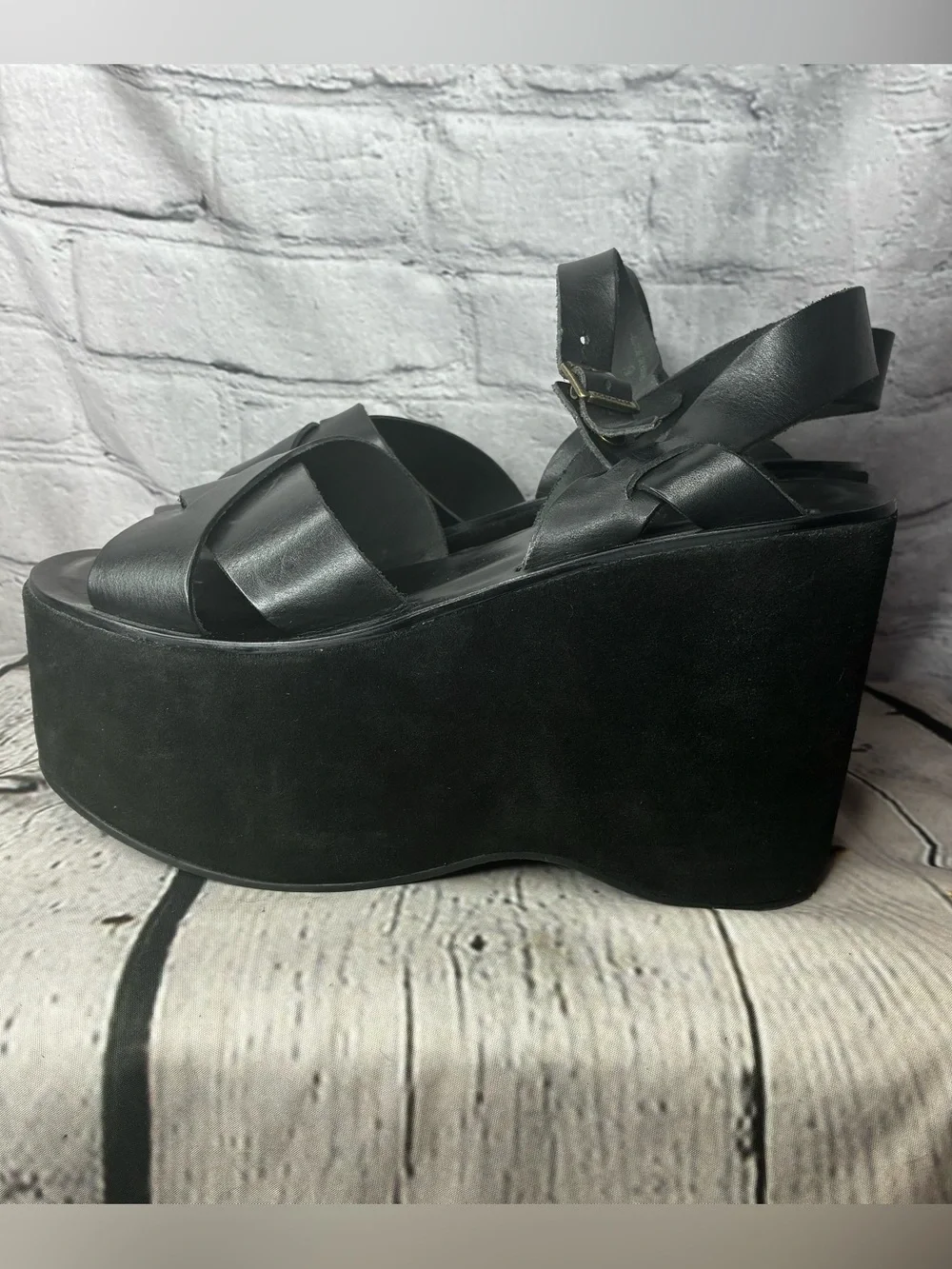 Vtg Kork-Ease Goth Bratz Black Chunky Suede Platform Leather Strappy Sandals 9